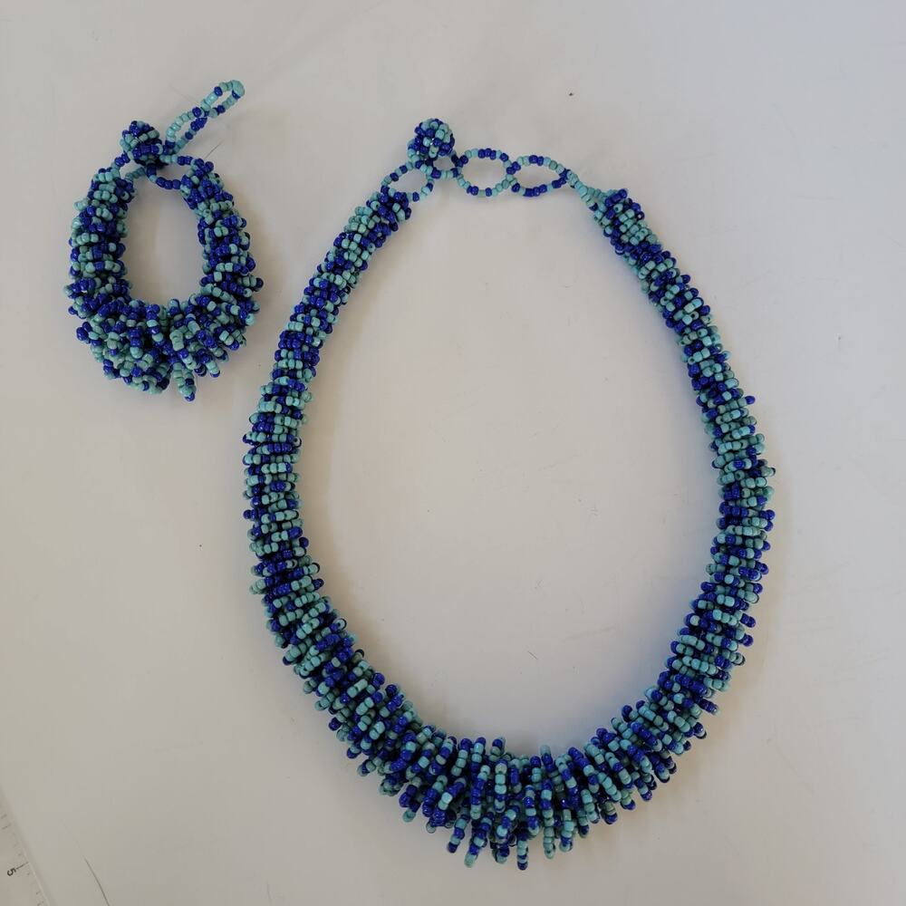 Blue Beaded Statement Necklace Chunky Seed Twist Collar Boho Festival Jewelry